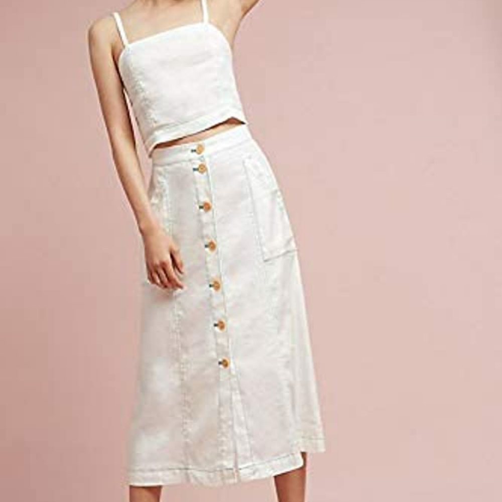 Anthropologie Linen Button Front Off Midi Skirt